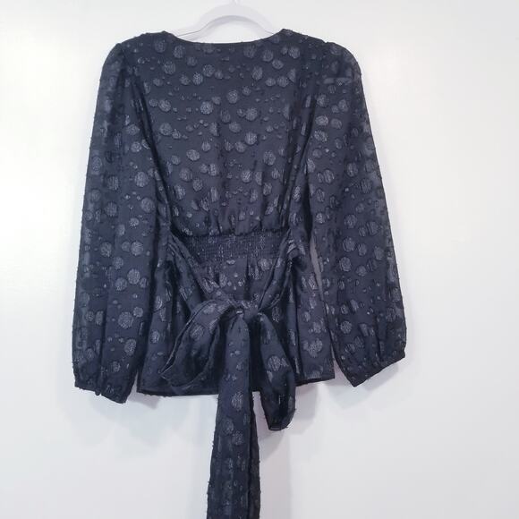 J. Crew Black Polka Metallic Dot Jacquard Blouse V-Neckline Tie Waist - Picture 4 of 13